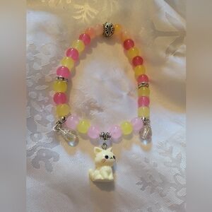 🔮NEW🔮Pink and Yellow Natural Stone  Beaded Bracelet with Cat Charm